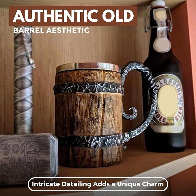 Rite Edge Viking Barrel Mug 550ml - Stainless Steel & Resin, Old Barrel Design, Rustic Medieval Drinking Mug, Durable Craftsmanship for Beer & Beverages