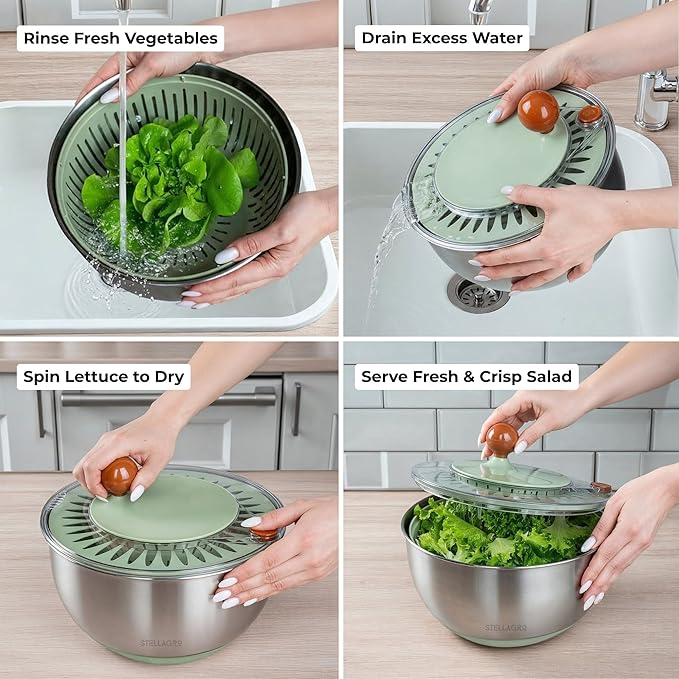 Large Stainless Steel Salad Spinner 5.3QT, Lettuce Dryer, Vegetable Washer with Brake Button, Non-Slip Base, Salad Dryer for Greens, Fruits & Vegetables