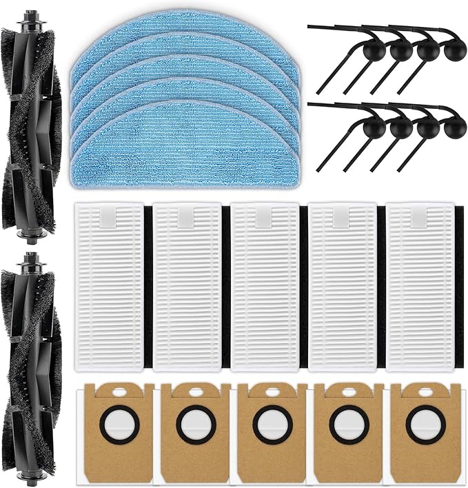 (25 Pack) L8000 Plus Replacement Parts Compatible with Tikom L8000 Plus Robot Vacuum Cleaner, 2 Roller Brushes, 8 Side Brushes, 5 HEPA Filters, 5 Dust Bags, 5 Mop Pads, Accessories Kit
