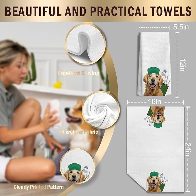 Funny Golden Retriever Golfer Kitchen Towels, Gifts for Golfers Golf Lovers Hand Towels for Bathroom Decor, Golden Retriever Lovers Gifts Dish Tea Towels for Kitchen Decor, 16x24 Inches