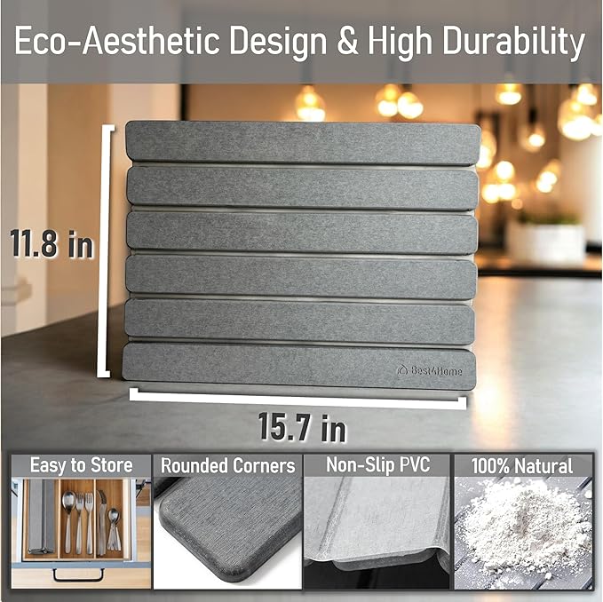 Stone Drying Mat for Kitchen Counter - Grey 12x16In Dish Drying Mat - Foldable Diatomite Stone Dish Rack - Absorbent Diatomaceous Earth Non-Slip Tray for Bathroom