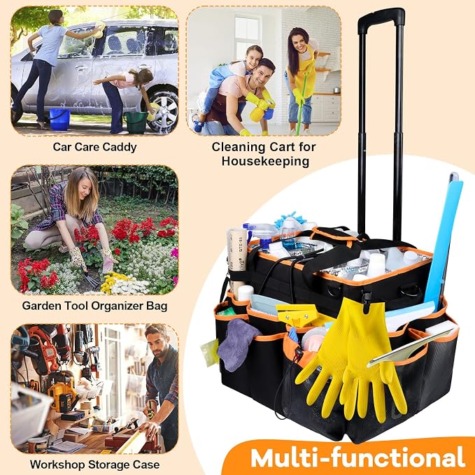 COVKEV Rolling Cleaning Caddy with Wheels& Built-in Board, Extra Large Cleaning Caddy Bag with Detachable Trolley, Water Resistant Lining Cleaning Supplies Organizer on Wheels for Housekeepers (Black)