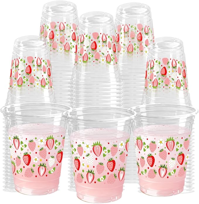100 Pack Strawberry Plastic Cups 16 oz Pink Red Fruit Flower Disposable Cup Clear Strawberry Summer Spring Party Favor Drinking Cold Beverage Cup for Party Supplies