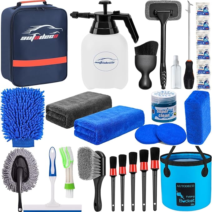 29Pcs Car Detailing Kit Wash Cleaning Kits with Pump Foam Sprayer Collapsible Bucket Wash Brush Large Wash Mitt Towels Complete Interior Exterior Car Detailing Supply Set Blue