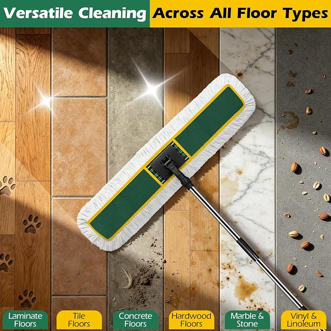MASTERTOP 40" Commercial Dust Mop for Floor Cleaning, Heavy Duty Flat Mop | Industrial 64" Long Handle Push Broom with 2 Cotton Pads for Hardwood, Tile, Laminate, Concrete, Warehouse & Gym Cleaning