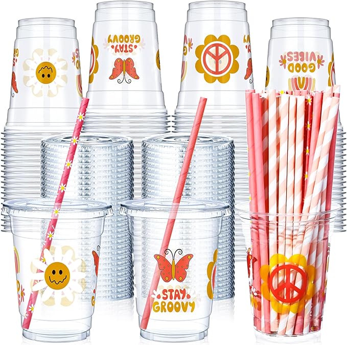 Blushtier 300 Pcs Groovy Disposable Plastic Cups with Lids and Straws 12oz Groovy Party Favors Supplies Boho Retro Hippie Clear Drinking Cups for Party