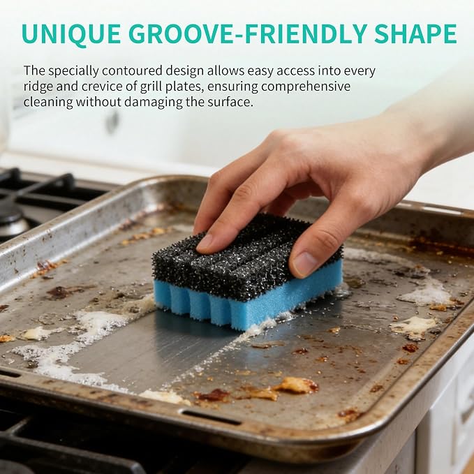 4 Pack Grill Cleaning Sponge (12207) + 2 Pack Upgrade Scraper Set - Compatible with George Foreman & Most Indoor Grills with Grooved Plates, Heat-Resistant Nylon Scraper & Non-Scratch Sponge for Easy
