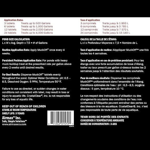 CrystalClear MuckOff Natural Pond Muck Treatment Sludge Remover, 96 Tablets | Living beneficial bacteria clarifier with enzyme for water gardens, fountains & bird baths; fish, aquatic animal & pet safe