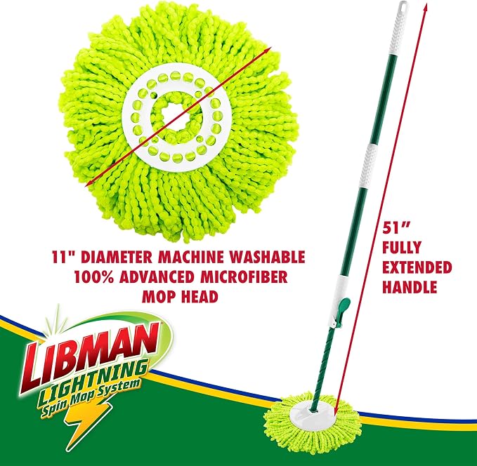 Libman Lightning Spin Mop System Plus 1 Refill Head | Mop and Bucket with Wringer Set | Floor Mop | Spin Mop | Libman Mop | Mops for Floor Cleaning | Hardwood Floor Mop | 2 Total Mop Heads Included