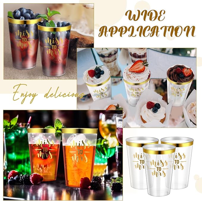 Funnymoom 36 Pcs Wedding Miss to Mrs Cups 12 oz Gold Plastic Cups Disposable Bridal Shower Drinking Tumblers Clear Wine Glasses Tumblers for Engagement Bachelorette Supplies Party Favors(Gold)