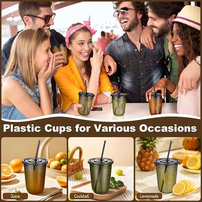 KesaPlan 50 Pack 16 oz Black Plastic Party Cups with Lids & Straws, Disposable Iced Coffee Cup with Lids, Round Bottom Drinking Cups for Cocktail Cold Beverages Birthday Wedding Picnics Party Supplies