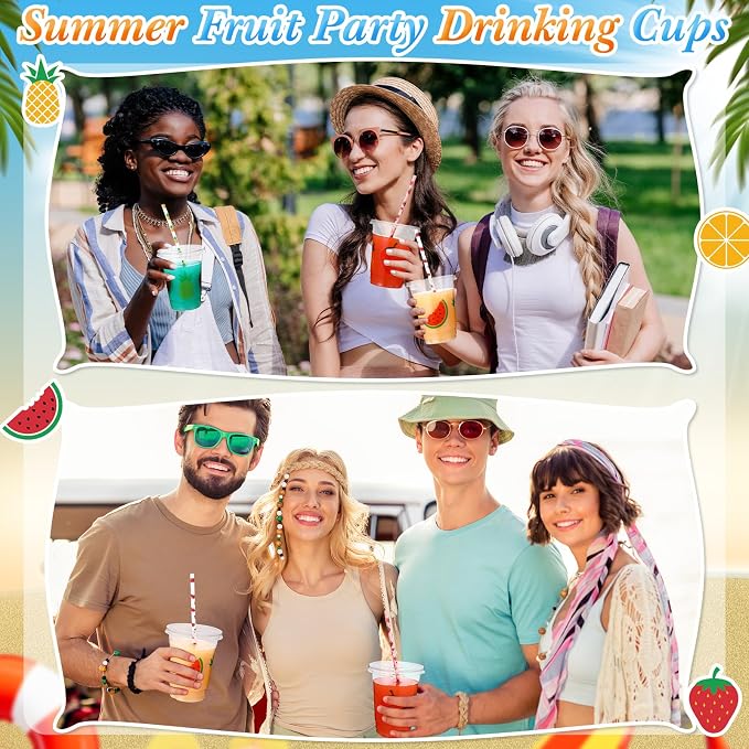 Blushtier 300 Pcs Fruit Disposable Plastic Cups with Lids and Straws 12oz Summer Party Favors Cups Fruit Disposable Clear Cups Summer Fruit Theme Party Supplies Favors