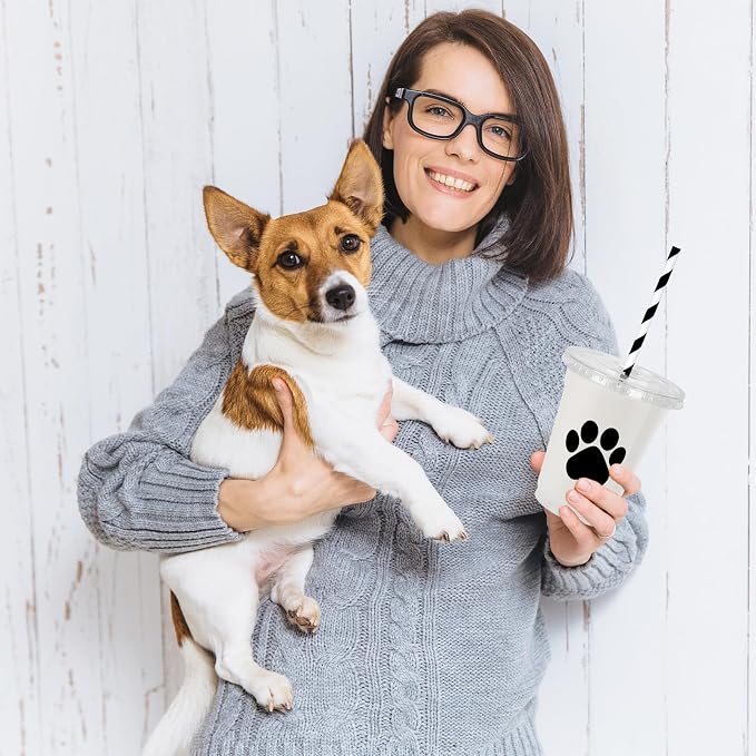 Whaline 50Pcs Paw Print Disposable Plastic Cups with Lids and Straws 12oz Dog Party Cups Black Cold Beverage Drinking Cups for Puppy Birthday Baby Shower Party Supplies