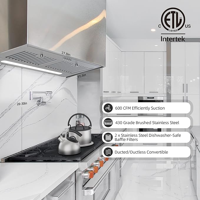 FIREGAS Range Hood Insert 30 inch, 600 CFM Ducted/Ductless Convertible Kitchen Hood with LED Light, Built-in Vent Hood with 3 Speed Exhaust Fan, Baffle Filters, Stove Hood with Carbon Filters