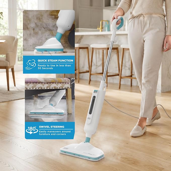 BLACK+DECKER 1300W Steam Mop for Hardwood, Tile & Laminate Floors, Multi-Surface Floor Steamer with Carpet Glider, 2 Washable Microfiber Pads, Fast Heat Up & 22 Ft Cord, White