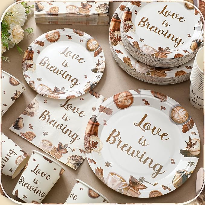 Zhehao 200 Pcs Bridal Shower Plates Napkins Sets Love is Brewing Coffee Bridal Shower Decoration Wedding Shower Decorations Wedding Paper Plates Engagement Bachelorette Supplies, Serve 50