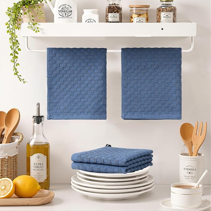 Homaxy 100% Cotton Terry Kitchen Dish Cloths, Ultra Soft Absorbent Dish Towels with Hanging Loop, Pineapple Grid Designed, 12 x 12 Inches, 8-Pack, Navy Blue