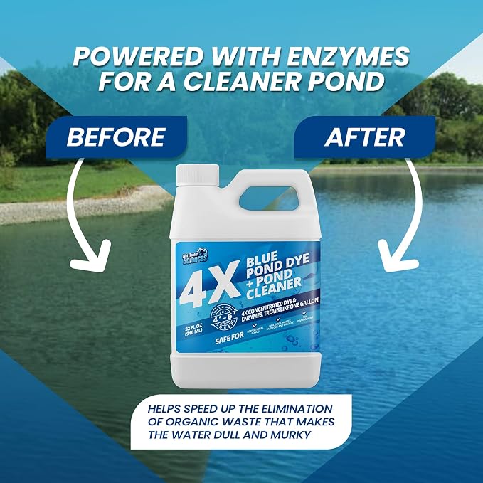 32oz 4X Blue Pond Dye + Pond Cleaner, Blue Dye for Ponds and Lakes, 2-in-1 Lake Colorant + Enzymes, Makes Murky Water Clean & Beautiful, Keeps the Water Cool, Clear, and Ideal for Fish & Wildlife