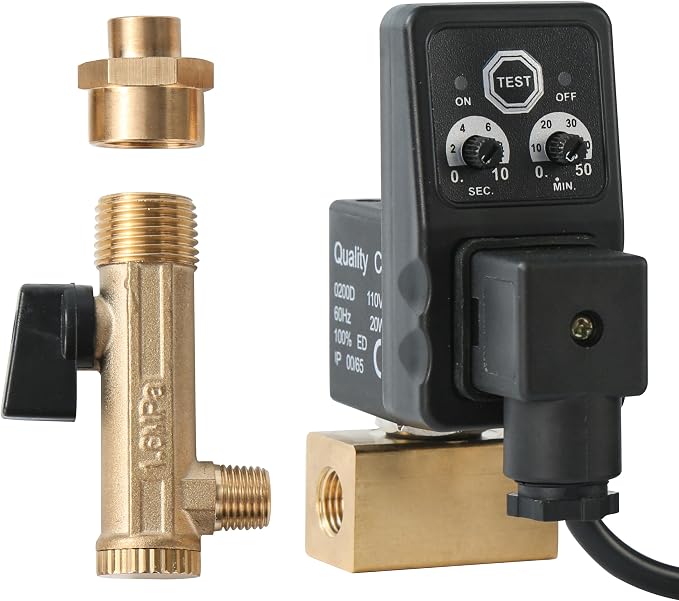1/4" NPT Timer Operated Compressor Air Drain Valves with 1/4" flexible Braided Steel Tube and Ball Valve Strainer 1/2" x 1/4" MNPT，Automatic Electronic Tank Drain Kit with Push to Connect Fitting