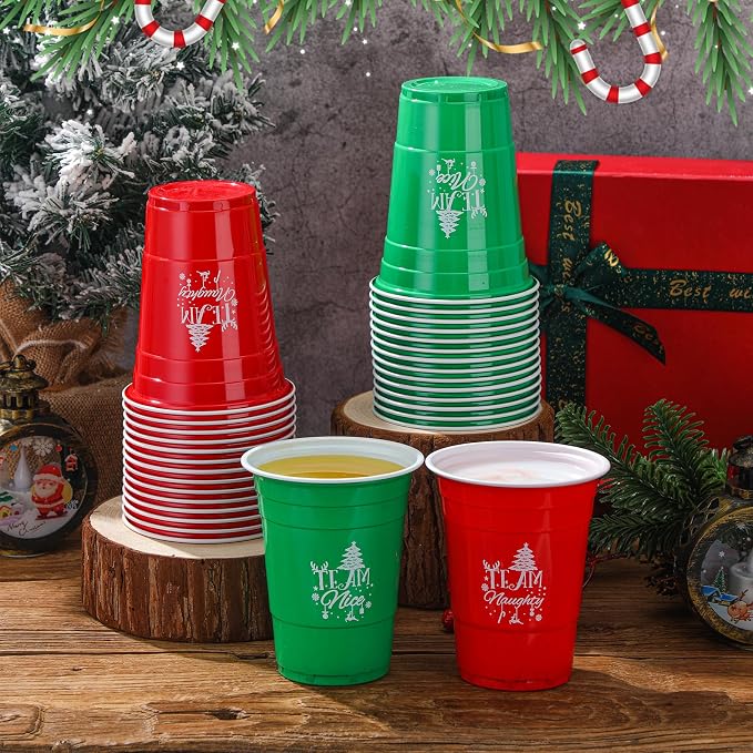 Sliner 30 Pcs 16 oz Christmas Disposable Cups Bulk Plastic Coffee Team Naughty or Nice Plastic Disposable Drinking Cups for Party Drinks Supplies