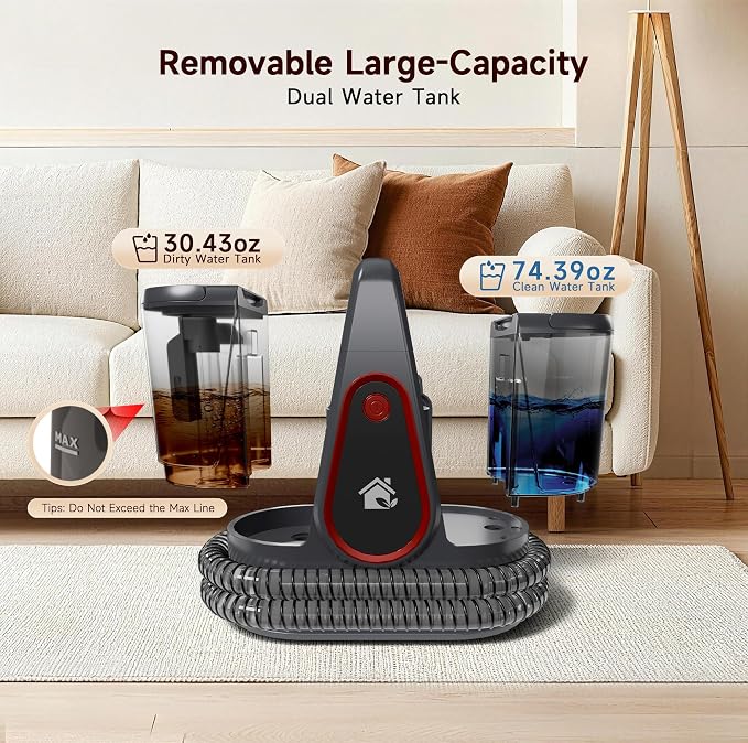 WURESE Portable Handheld Deep Cleaning Spot Cleaner, Pet Stain Carpet & Upholstery Cleaner with Self-Cleaning System, 2 Brush Tools for Couch, Rugs, Stairs and Car Interior, Gray
