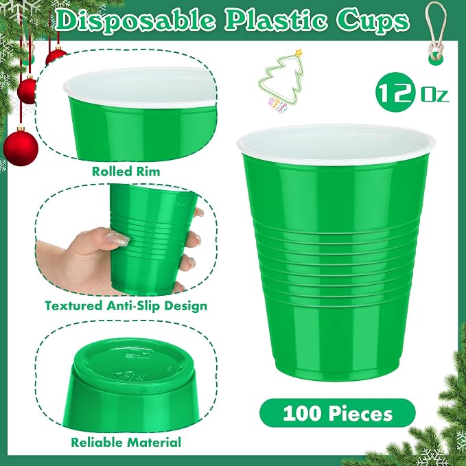 Kochorie 100 Pack Disposable Plastic Cups 12 Ounce Green Solo Cups Drinking Party Cups Bulk Party Cups for Christmas Halloween Wedding Birthday Parties, Picnics Events