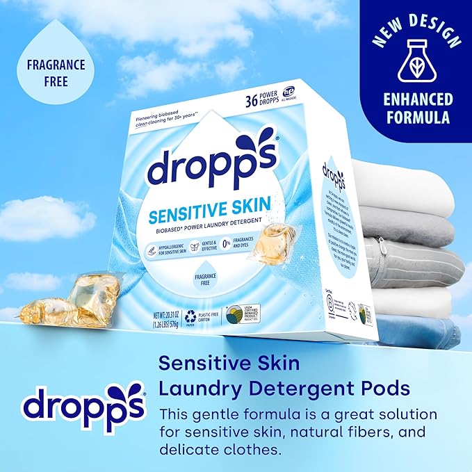 Dropps Sensitive Skin Laundry Detergent Pods, Unscented (36 Ct) - Hypoallergenic & Dermatologist Tested | Free & Clear | Laundry Pods for Sensitive Skin | Clean Ingredients | Plastic Free Packaging
