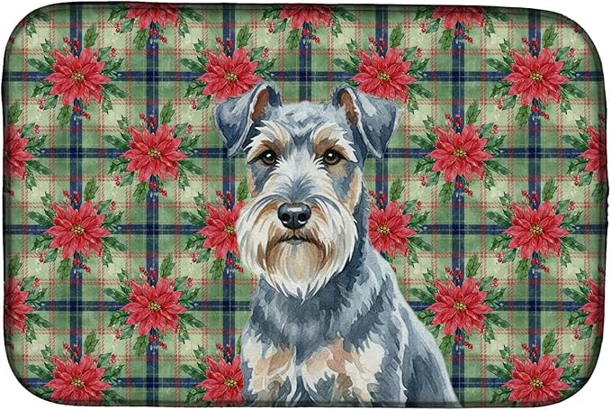 Caroline's Treasures Blue Lakeland Terrier Christmas PoinsettIas Dish Drying Mat Absorbent Dish Drying Mat Pad for Kitchen Counter Dish Drainer Mat for Countertop, 14 x 21", Multicolor