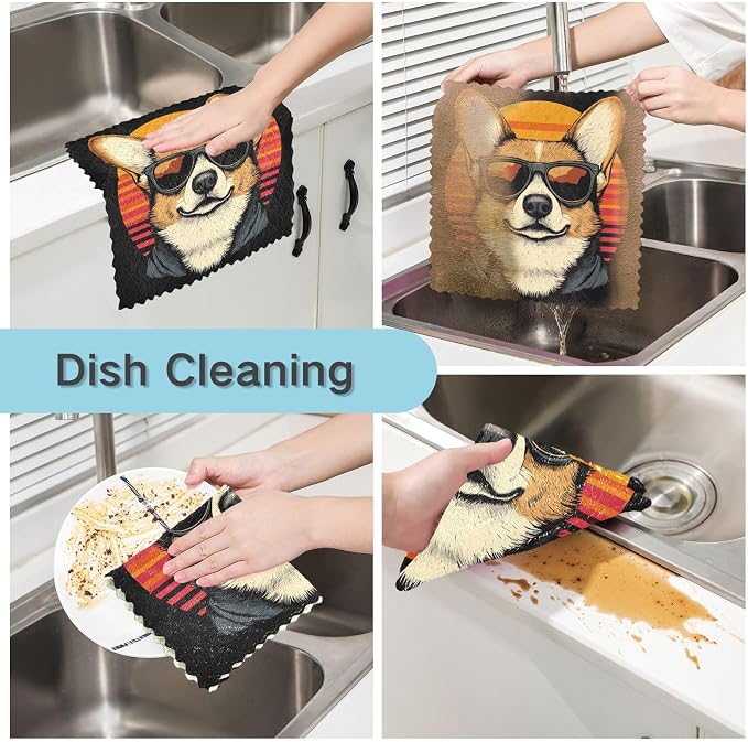 JIPONI 6 Pack Kitchen Dishcloth, Jap Shiba Inu Dog Absorbent Kitchen Towels for Dishes, Fast Drying Microfiber Dish Rags, 11x11 inch