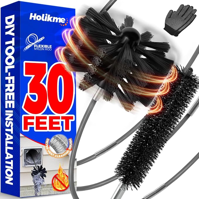 Holikme 30 Feet Dryer Vent Cleaner Kit, Flexible Lint Brush with Drill Attachment, Fireplace Chimney Brushes Extends Up to 30 Feet for Easy Cleaning, Use with or Without a Power Drill, Grey