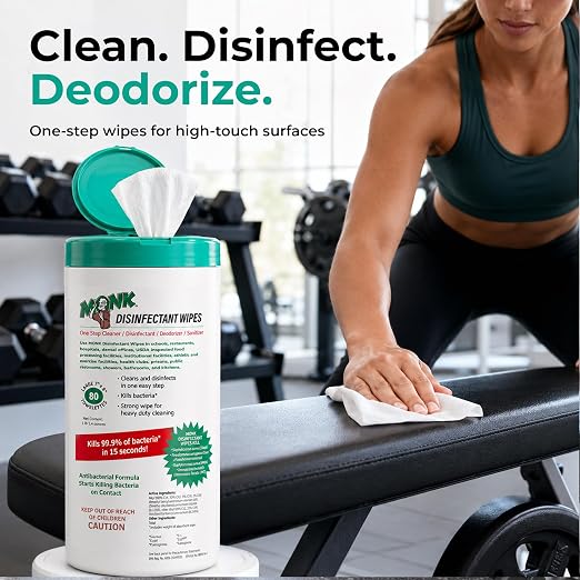 Monk Disinfecting Wipes 12 Canisters of 80 Count for Commercial Facilities | Heavy Duty Cleaning Wipes - 3in1 Disinfectant, Deodorizer & Sanitizer Cleaning Supplies – All Purpose Cleaner for Home & Gym