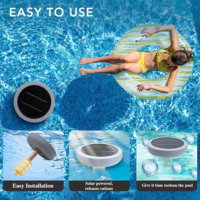 Solar Pool Ionizer - Enhanced with Latest Solar, 90% Less Chlorine, for Pools up to 45,000 Gal, Technology & Longer-Lasting Anode, Reduces Chlorine- Mineral-Based Pool Cleaning Device （Gray）
