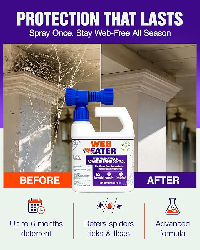 ™ Advanced Outdoor Spider Web Dissolver & Spider Repellent — 32 oz Concentrated Formula with Sprayer — Pet Friendly Long-Lasting Spider Control Up to 6 Months