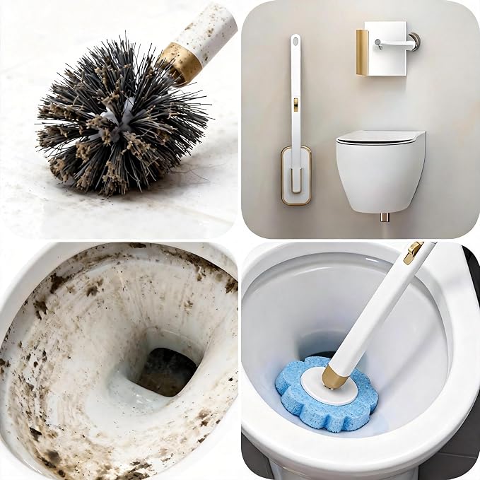 Disposable Toilet Brush Scrubbing 54 Refills Holder Wall Mount | Built-in cleaner, Ergonomic wand, Long handle, No wash,Click-discard