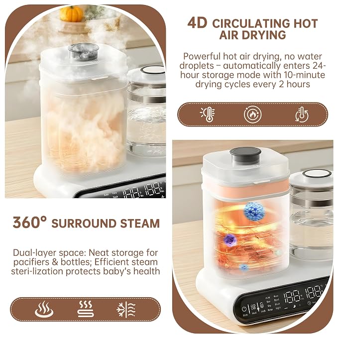 16-in-1 Fast Baby Bottle Warmer with Timer for Breastmilk & Formula | Hot Air Dry, 1.2L Electric Kettle, Precise Temp Control, Thaw, Steam Clean, Keep Warm, Heat Food, Food Grade Material