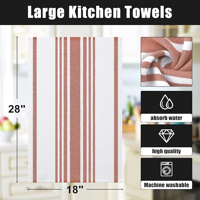Homaxy Premium Kitchen Towels 18”x 28”, Large Cotton 380 GSM Kitchen Hand Towels, Stripe and Terry Dish Towel, Highly Absorbent Tea Towel Set with Hanging Loop, 8 Pack, Rust