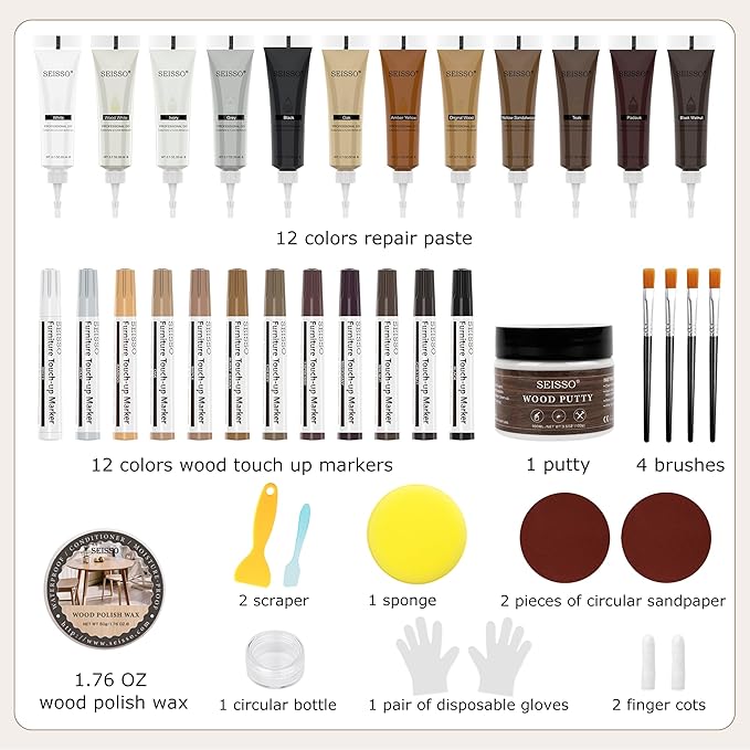 SEISSO Wood Furniture Repair Kit, 12 Colors Wood Fillers&Touch Up Markers, Wood Putty with Polish Wax, Wood Repairing Kit of Stains, Scratches, Holes, Cracks(40 PCs)