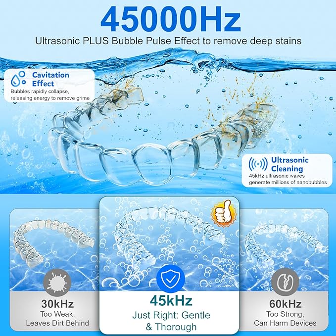 Ultrasonic Retainer Cleaner, Retainer Cleaner Machine Denture Cleaning Pod for Mouth Guards|Aligners|Braces|Toothbrush Heads|Jewelry, 45kHz with Digital Timer