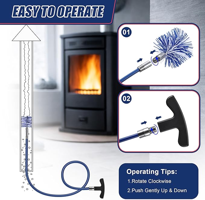 Dreyoo Pellet Stove Cleaning Brush Kit, 20 FT Flexible Steel Rod with 4" Brush Head, T Handle, Multi Purpose Flue Detail Cleaner, Nylon Stove Flue Pipe Kit for Pellet Furnace Exhaust Pipes