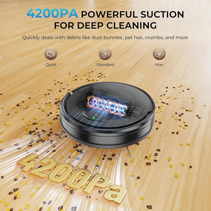 Robot Vacuum and Mop Combo, 4200Pa Suction, 2 in 1 Mopping Cleaner, Black, App & Voice Control, Self-Charging, Obstacle Avoidance, Compatible with Alexa