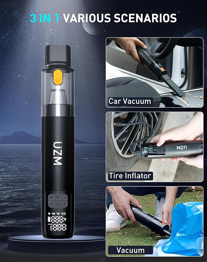 Car Vacuum Portable Cordless, 12000Pa 3-in-1 Car Vacuum Cleaner and Tire Inflator, 5000mAh Battery, 150 PSI, LED Light, Type-C Charge, Portable Tire Inflator for E-Bike, Motorcycle, Ball