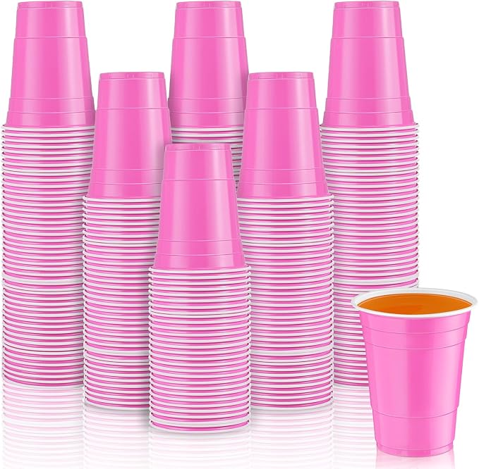 Lounsweer 100 Pcs 16 oz Disposable Party Cups Plastic Heavy Duty Drinking Water Cups for Birthday Baby Shower Wedding BBQ Picnic Party Supplies(Pink)
