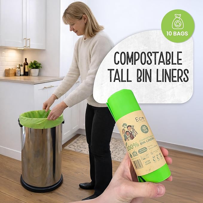 Compostable Bags - 15.9 Gallon (60L) Trash Bags Without the Waste, Certified Compostable & Eco Friendly, No Plastic Bags for Large Kitchen Trash