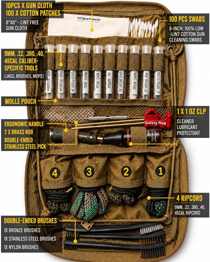 9mm Pistol Basics Single-Caliber Cleaning Kit, Handgun Cleaning kit for .357 .38 with 9mm Gun Snakes in Molle Pouch