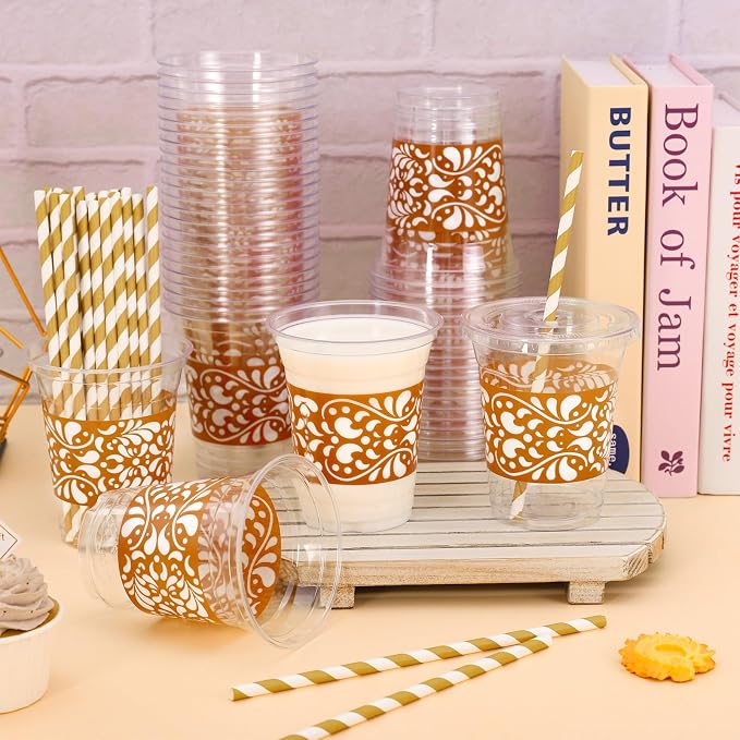 JarThenaAMCS 50Pcs Cielito Lindo Disposable Plastic Cups with Lids and Straws Terracotta Flower Clay Cold Beverage Drinking Cups for Cinco De Mayo Mexican Talavera Wedding Party Supplies