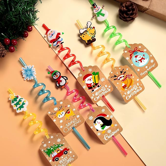 24 Christmas Party Favors Classroom Favors Xmas Drinking Straws Goodie Gifts for Kids Adults Christmas Party Supplies with 2 PCS Cleaning Brushes