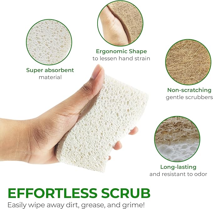 AIRNEX Natural Kitchen Sponges (12 Pack) - Biodegradable Cellulose & Coconut Scrubber Dish Sponges for Kitchen - Eco-Friendly, Non Scratch, Compostable, Non Toxic S-Shaped Natural Sponges for Dishes