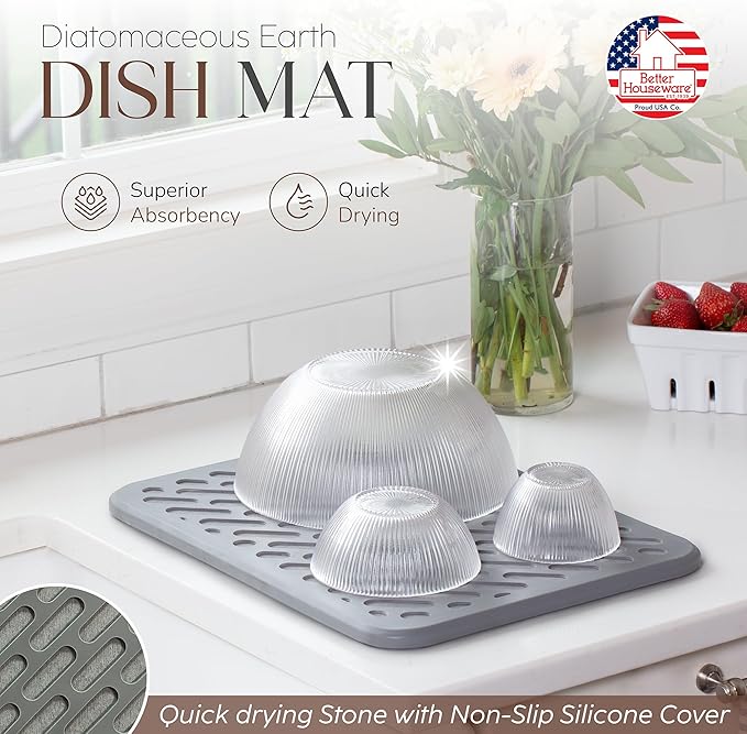 Better Houseware Stone Drying Mat for Kitchen Counter Diatomaceous Earth Dish Drying Mat Self Absorbing Kitchen Mat with Non-Slip Silicone Cover, Super Absorbent Stone Dish Drying Mat