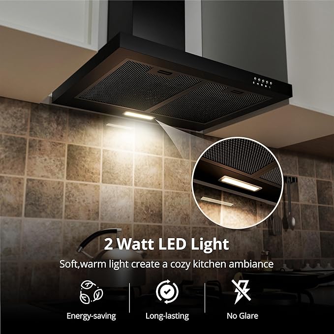 FIREGAS Range Hood 24 inch Wall Mount Type with Ducted/Ductless Convertible,450 CFM Stainless Steel Chimney-Style Kitchen Hood, Over Stove Vent Hood with 3 Speed Fan,Charcoal Filters,Black