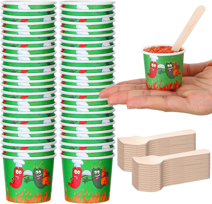 Teenyyou 100 Pcs Chili Cook off Tasting Cups Set, 50 Pcs 2 oz Mini Chili Cookoff Paper Cups and 50 Wooden Spoons Pepper Cook off Party Decorations for Competition Prize Party Cooking Supplies (Green)